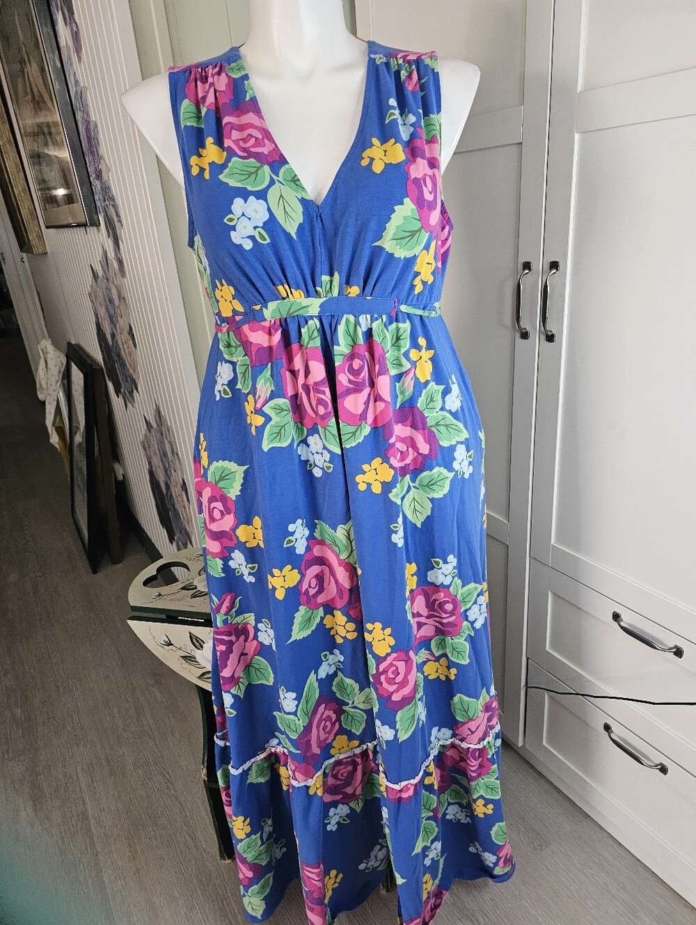 Matilda Jane Women XL Blue Floral Maxi Dress Cotton Stretch Tie Waist Boho Euc